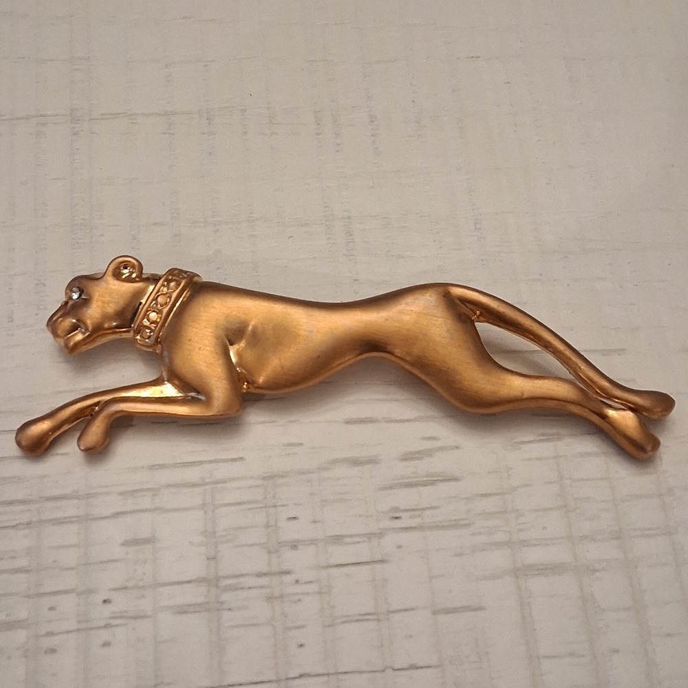 Vintage Gold Tone Leaping Panther Brooch Pin Clear Rhinestone Eye Collar